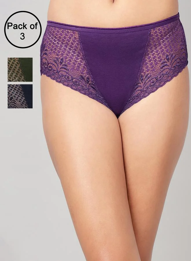 Clovia Multi Pack of 3-Mid Waist Hipster Panties with Lace Wings - Cotton for Women | Best Price UAE